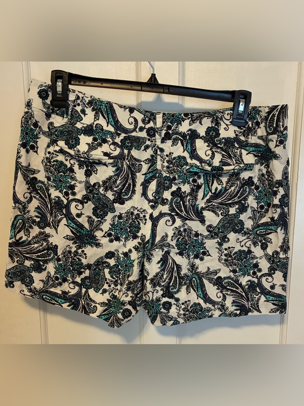 LOFT Cream Linen Shorts with Teal Paisley Floral Print - Picture 3 of 5